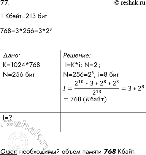 Решение задачи: 77. Вычислите необходимый объём видеопамяти для графического режима, если разрешение экрана монитора 1024x768, а количество цветов в палитре 256. 1 Kбайт=213 бит 768=3*256=3*28 Дано: