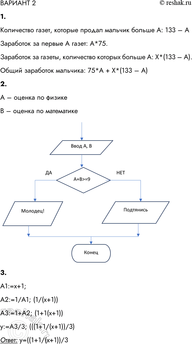 Решение задачи: ВАРИАНТ 2 1. Представьте в виде построчной записи алгоритм решения следующей задачи. Мальчик, продающий на улице газеты, зарабатывает А руб. на продаже каждой из первых 75 газет.