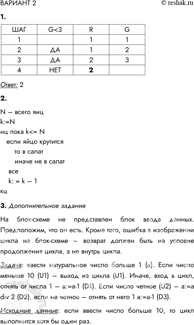 Решение задачи: ВАРИАНТ 2 1. Определите значение переменной R после выполнения фрагмента алгоритма, представленного блок-схемой. Ответ: 2 2. Запишите с помощью блок-схемы или на Школьном алгоритмическом языке алгоритм отбора для салата всех имеющихся в школьной столовой варёных яиц, если пригодными для использования в салате являются яйца, полноценно раскручивающиеся вокруг своей оси.