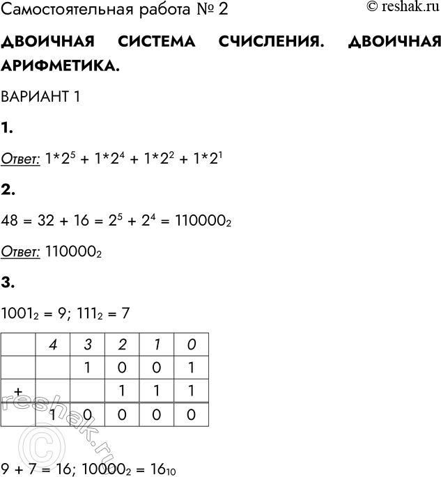 Решение задачи: Самостоятельная работа № 2 ДВОИЧНАЯ СИСТЕМА СЧИСЛЕНИЯ. ДВОИЧНАЯ АРИФМЕТИКА ВАРИАНТ 1 1. Запишите в развёрнутой форме двоичное число 110110 2. Ответ: