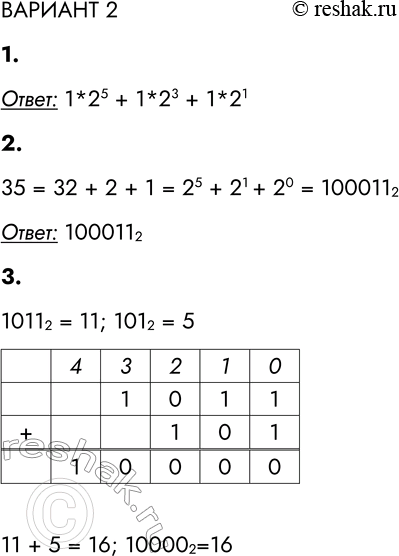 Решение задачи: ВАРИАНТ 2 1. Запишите в развёрнутой форме двоичное число 101010 2 Ответ: 1*25 + 1*23 + 1*21 2. Переведите в двоичную систему десятичное число 35.