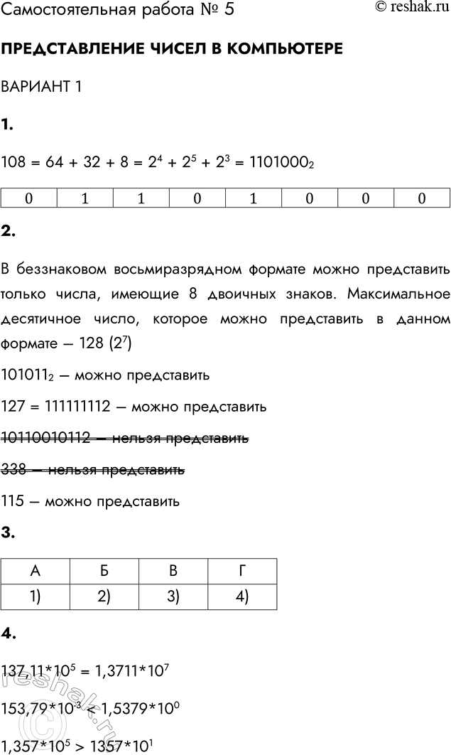 Решение задачи: Самостоятельная работа № 5 ПРЕДСТАВЛЕНИЕ ЧИСЕЛ В КОМПЬЮТЕРЕ ВАРИАНТ 1 1. Запишите беззнаковое представление десятичного числа 108 в восьмиразрядной ячейке. 108 = 64 + 32 + 8 = 24 + 25 + 23 = 11010002 2.