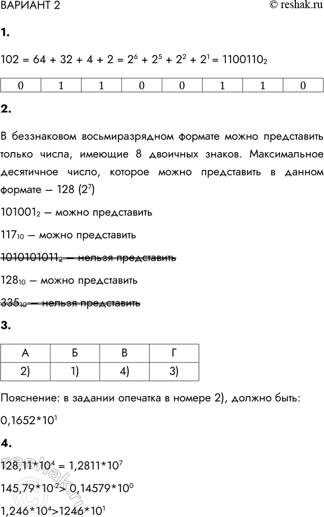 Решение задачи: ВАРИАНТ 2 1. Запишите беззнаковое представление десятичного числа 102 в восьмиразрядной ячейке. 102 = 64 + 32 + 4 + 2 = 26 + 25 + 22 + 21 = 11001102 2.