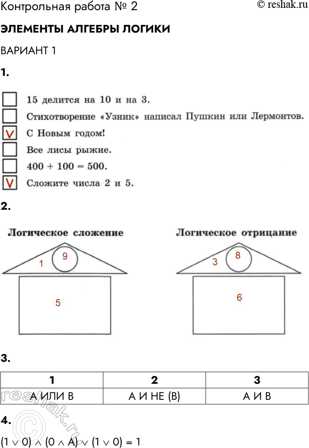 Решение задачи: Контрольная работа № 2 ЭЛЕМЕНТЫ АЛГЕБРЫ ЛОГИКИ ВАРИАНТ 1 1. Укажите предложения, которые НЕ являются высказываниями. 15 делится на 10 и на 3.
