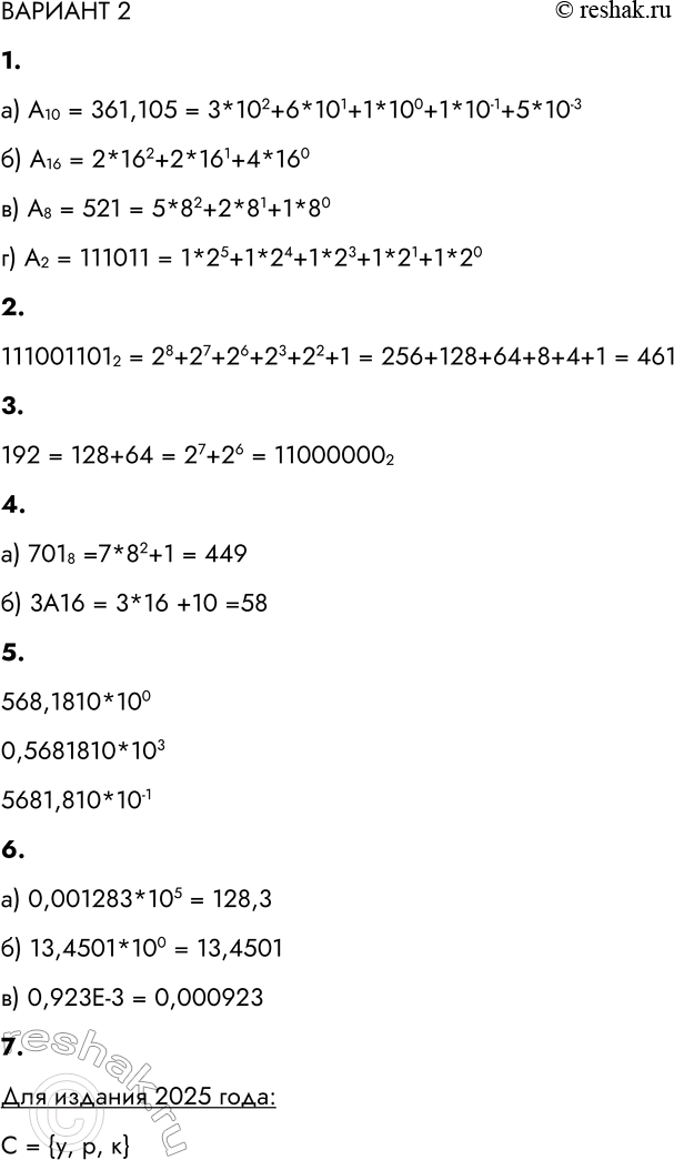Решение задачи: ВАРИАНТ 2 1. Запишите в развёрнутом виде числа: а) А10 = 361,105 = б) А16 = 224 = в) А8 = 521 = г) А2 = 111011 = а) А10 = 361,105 = 3*102+6*101+1*100+1*10-1+5*10-3 б) А16 = 2*162+2*161+4*160 в) А8 = 521 = 5*82+2*81+1*80 г) А2 = 111011 = 1*25+1*24+1*23+1*21+1*20 2.