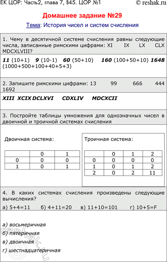 Решение задачи: ЕК ЦОР: Часть 2, глава 7, § 45. ЦОР № 1. Домашнее задание №29 Тема: История чисел и систем счисления 1.