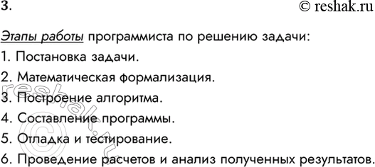 Решение задачи: 3. Из каких этапов состоит работа программиста но решению задачи на компьютере? Этапы работы программиста по решению задачи: 1. Постановка задачи.