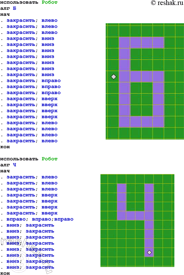 Решение задачи: 6. Составьте программы рисования символов «Е», «П», «Б», «Ч». использовать Робот алг Е нач . закрасить;влево . закрасить;влево . закрасить; влево .