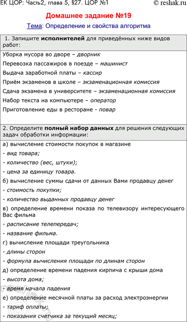 Решение задачи: ЕК ЦОР: Часть 2, глава 5, § 27. ЦОР № 1. Домашнее задание №19 Тема: Определение и свойства алгоритма 1. Запишите исполнителей для приведённых ниже видов работ: