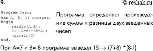 Решение задачи: 9. Какая задача решается по следующей программе? Program Test; vаr А, В, С: integer; begin readln(A,В); С: = (А+В)-(В-A); writein(С) end.