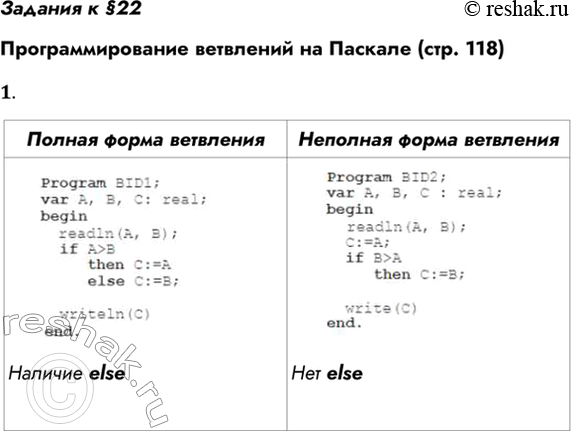 Решение задачи: Задания к §22 Программирование ветвлений на Паскале (стр. 118) 1. Как программируются на Паскале полное и неполное ветвления? *Цитирирование задания со ссылкой на учебник производится исключительно в учебных целях для лучшего понимания разбора решения задания.