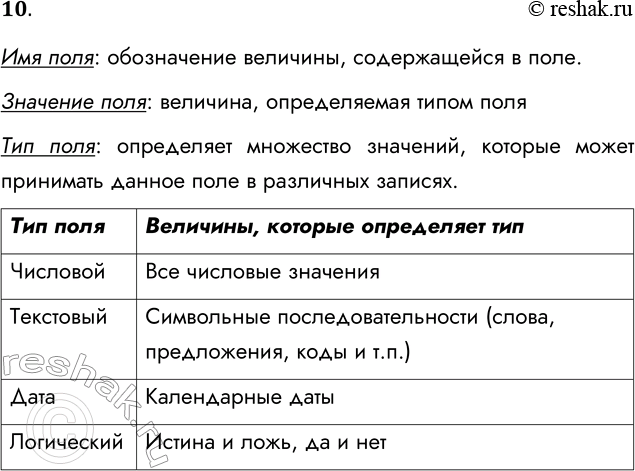 Решение задачи: 10. Определите следующие понятия: имя поля, значение поля, тип поля. Какие бывают типы полей? Какие величины определяет каждый из типов? Имя поля: