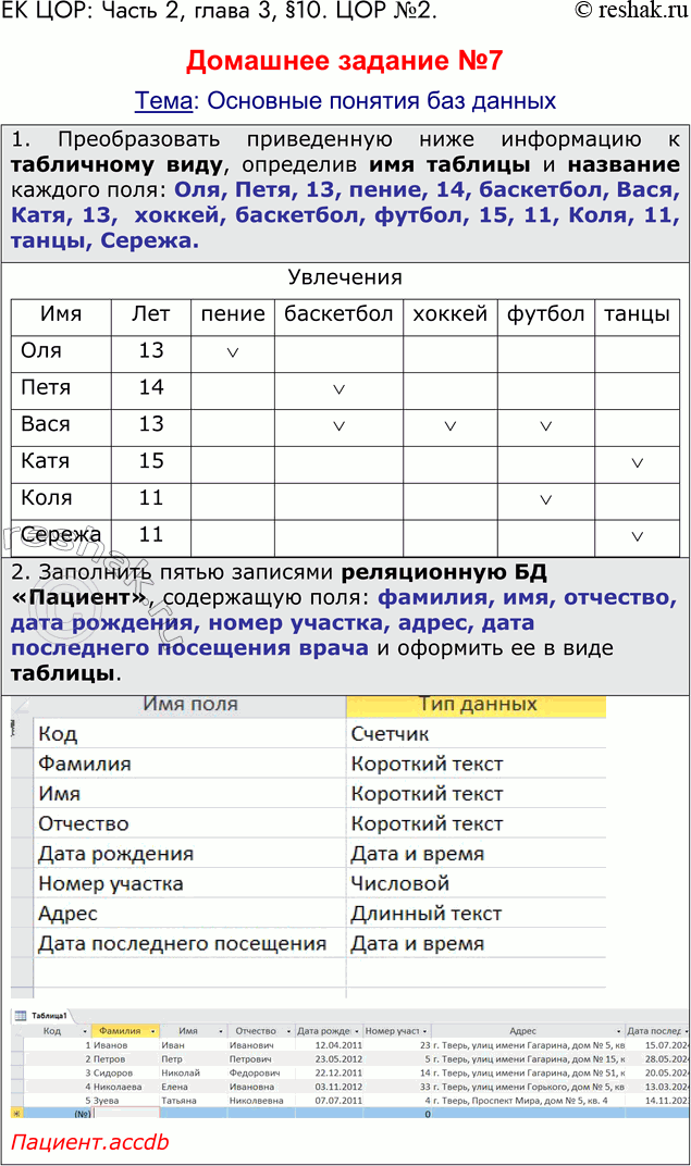 Решение задачи: ЕК ЦОР: Часть 2, глава 3, §10. ЦОР №2. Домашнее задание №7 Тема: Основные понятия баз данных 1. Преобразовать приведенную ниже информацию к табличному виду, определив имя таблицы и название каждого поля: