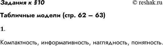 Решение задачи: Задания к §10 Табличные модели (стр. 62 – 63) 1. В чём состоит удобство табличного представления информации? Компактность, информативность, наглядность, понятность.