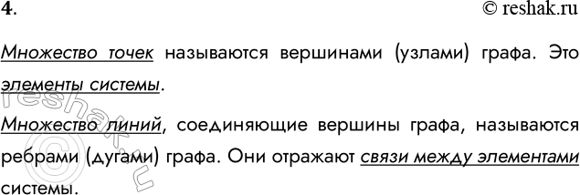Решение задачи: 4. Как на графе изображаются элементы системы и отношения между ними? Множество точек называются вершинами (узлами) графа. Это элементы системы. Множество линий, соединяющие вершины графа, называются ребрами (дугами) графа.