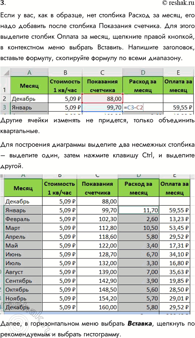 Решение задачи: 3. Продолжите выполнение проектного задания. На основании таблицы «Оплата электроэнергии» (задание 6 из § 26) постройте столбчатую диаграмму, отражающую ежемесячный расход электроэнергии в течение года.