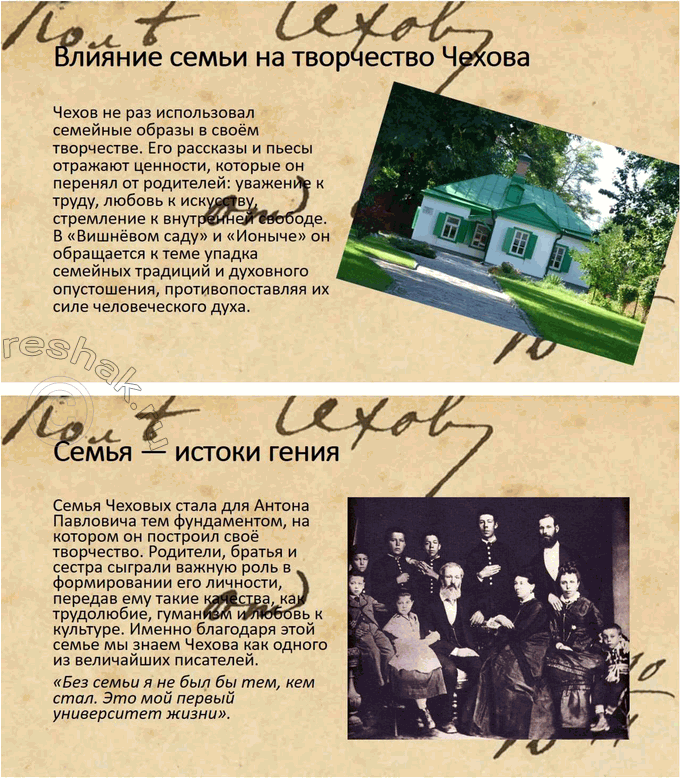 Решение задачи: Вопросы для самопроверки 1. Почему Чехов считал, что своими достижениями обязан старшим поколениям своей семьи? Антон Павлович Чехов искренне считал, что его успехи и достижения во многом обусловлены воспитанием, которое он получил в своей семье, а также традициями, переданными ему старшими поколениями.