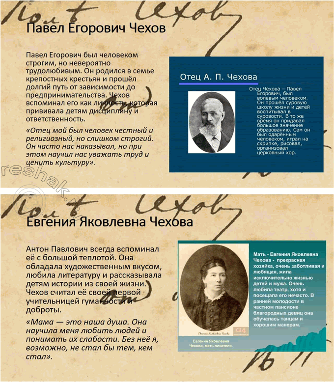 Решение задачи: Вопросы для самопроверки 1. Почему Чехов считал, что своими достижениями обязан старшим поколениям своей семьи? Антон Павлович Чехов искренне считал, что его успехи и достижения во многом обусловлены воспитанием, которое он получил в своей семье, а также традициями, переданными ему старшими поколениями.