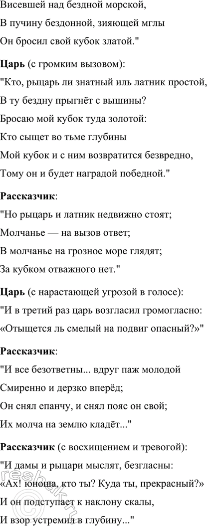 Решение задачи: Размышляем о прочитанном 1. Кто главные герои баллады? Главными героями баллады «Кубок» в переводе В. Жуковского являются: 1. Царь — владыка, который бросает золотой кубок в море и призывает своих подданных, рыцарей и латников, проявить смелость и вытащить его из пучины.