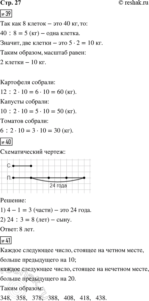 Решение задачи: 39. По одному из столбиков диаграммы определи масштаб, в котором она построена, и запиши, сколько килограммов овощей каждого вида собрали. 40.