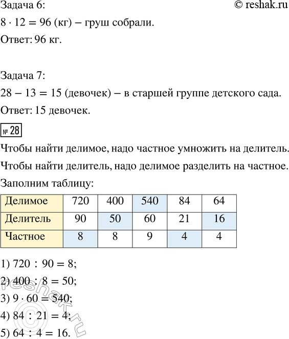 Решение задачи: 27. Устно реши задачи. Около каждой задачи в кружок запиши знак действия, с помощью которого она решается. 1) В б коробках 30 кг печенья, во всех поровну.