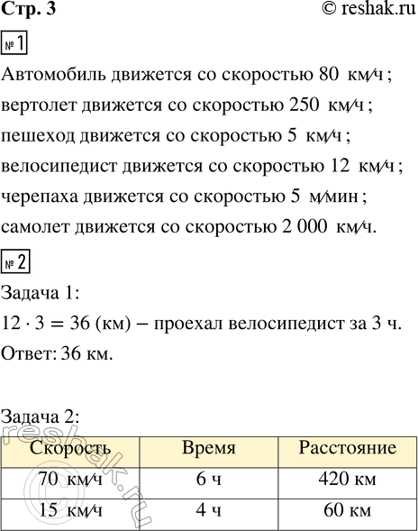 Решение задачи: 1. С какой скоростью движется каждый объект? Покажи стрелкой. 2. 1) Велосипедист ехал со скоростью 12 км/ч. Сколько километров он проехал за 3 ч?