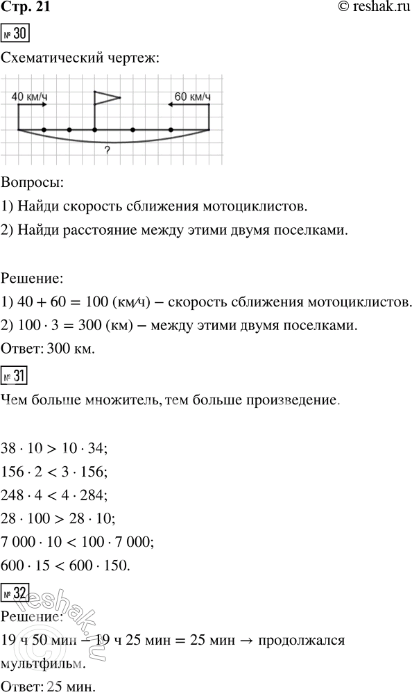 Решение задачи: 30. Два мотоциклиста выехали одновременно из двух посёлков навстречу друг другу. Один из них ехал со скоростью 40 км/ч, другой — 60 км/ч.