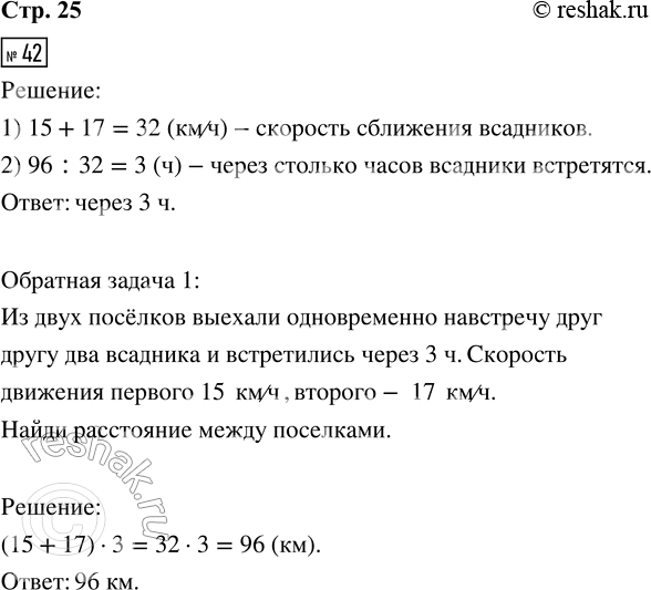Решение задачи: 42. 1) Из двух посёлков, расстояние между которыми 96 км, выехали одновременно навстречу друг другу два всадника. Скорость движения первого 15 км/ч, второго — 17 км/ч.