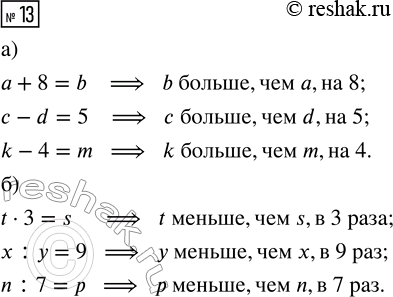 Решение задачи: 13. а) Какое из чисел, обозначенных буквой, больше? На сколько? а + 8 = b с - d = 5 k - 4 = m б) Какое из чисел, обозначенных буквой, меньше?