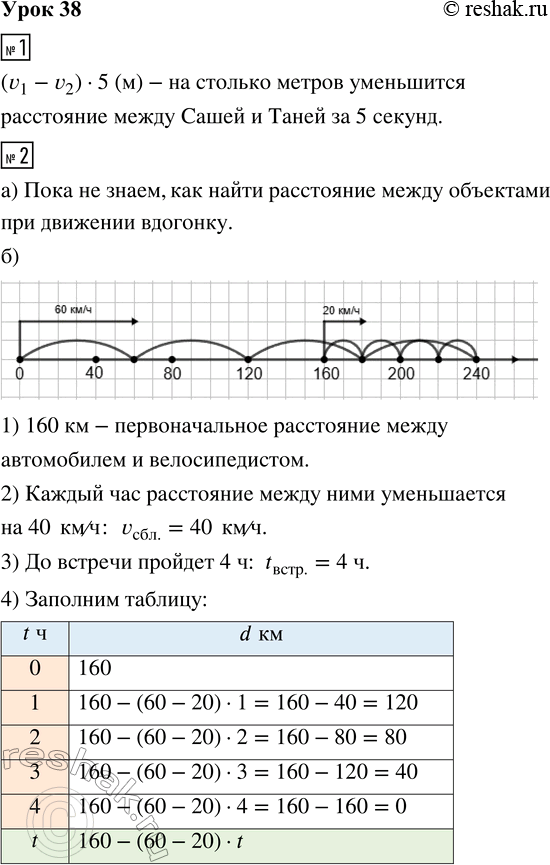 Решение задачи: 1. Саша догоняет Таню. Скорость Саши v_1 м/с, а Тани - v_2 м/с. На сколько метров уменьшится расстояние между ними за 5 секунд?