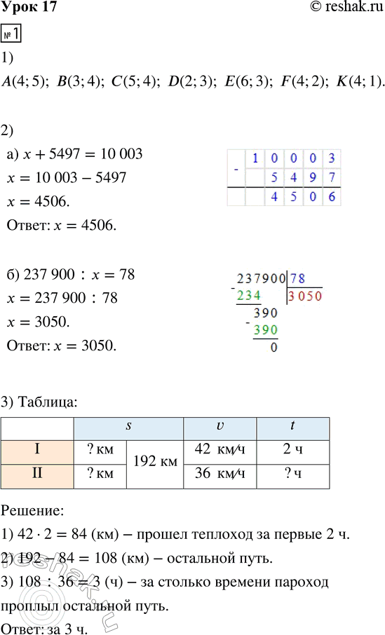 Решение задачи: 1. 1) Определи координаты клеток А, В, С, D, Е, F, К на рисунке: 2) Реши уравнения: а) x + 5497 = 10 003 б) 237 900 :
