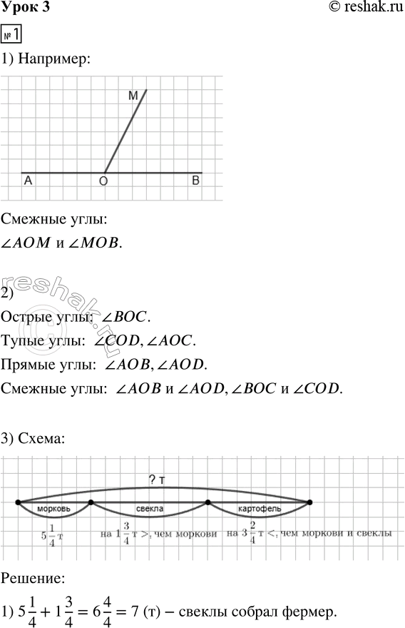 Решение задачи: 1. 1) Начерти развёрнутый угол АОВ. Проведи луч ОМ так, чтобы получились смежные углы. Запиши их названия. 2) Среди отмеченных на рисунке углов найди острые, прямые, тупые, смежные углы.
