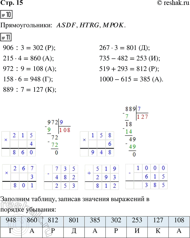 Решение задачи: 10. Среди данных фигур найди все прямоугольники и выпиши их обозначения. 11. Выполни вычисления. Расшифруй старинное название Древнерусского государства, записав в таблицу значения выражений в порядке убывания, а под ними соответствующие буквы.