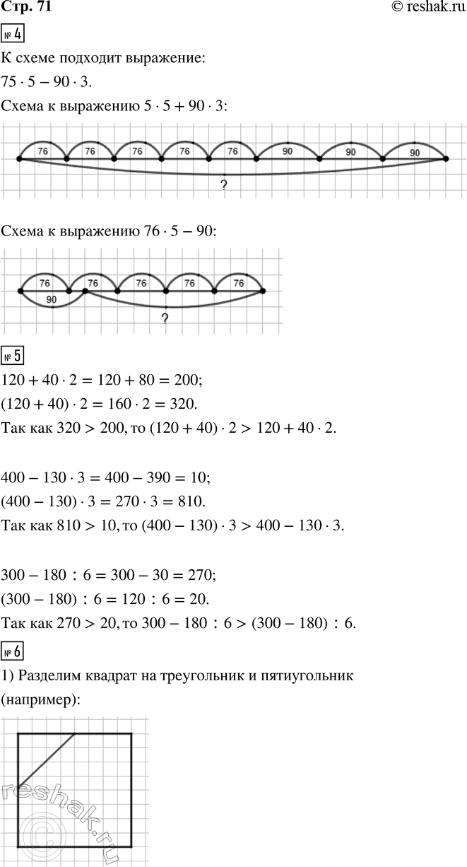 Решение задачи: 4. Соедини плашку со схемой и рамку с тем выражением, которое можно составить с помощью этой схемы. 76 · 5 - 90 · 3 76 · 5 + 90 · 3 76 · 5 - 90 Нарисуй схемы к оставшимся выражениям.