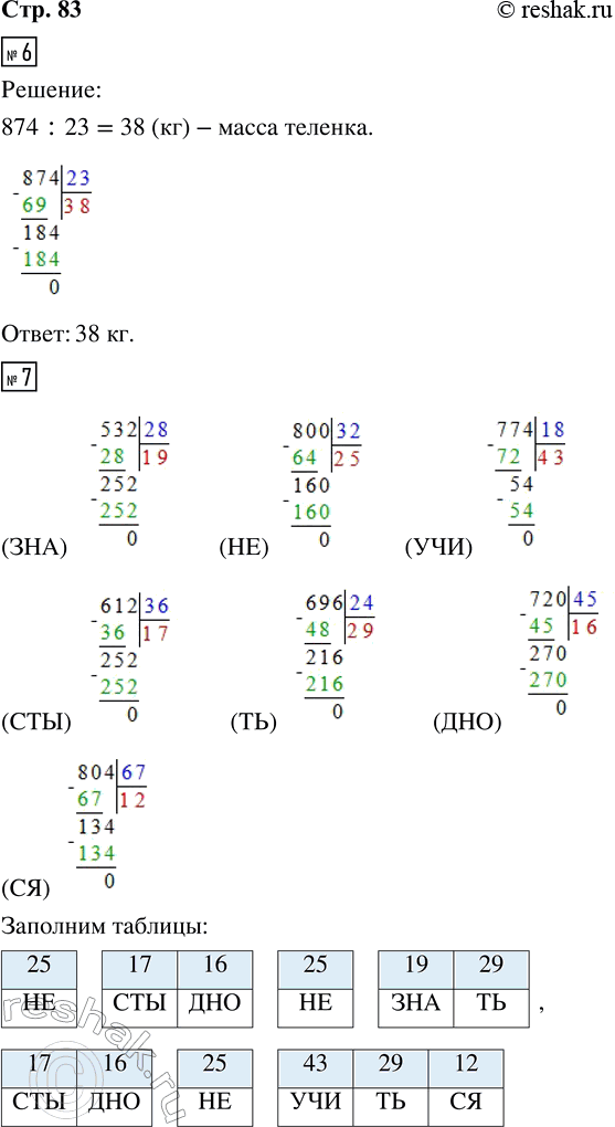 Решение задачи: 6. Масса коровы 874 кг, а масса телёнка в 23 раза меньше. Сколько килограммов составляет масса телёнка? 7. Выполни вычисления. Прочитай монгольскую пословицу, записав в таблицы под значениями выражений соответствующие части слов.