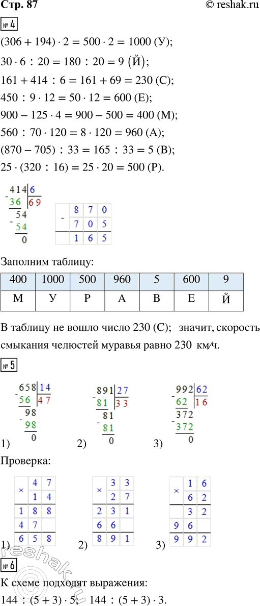 Решение задачи: 4. Выполни вычисления. Расшифруй название насекомого, записав в таблицу под значениями выражений соответствующие буквы. (306 + 194) · 2 (У) 900 - 125 · 4 (М) 30 · 6 :