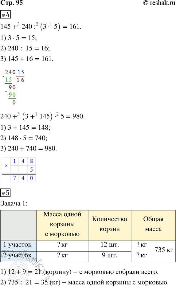 Решение задачи: 4. Подчеркни выражения, в которых порядок выполнения действий указан правильно, и вычисли их значения. 145 + 240 : 3 · 5 240 :