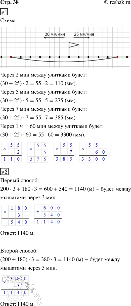 Решение задачи: 1. Две улитки одновременно поползли от цветка по дорожке в противоположных направлениях. Скорость первой улитки 30 мм/мин, а скорость второй — 25 мм/мин.
