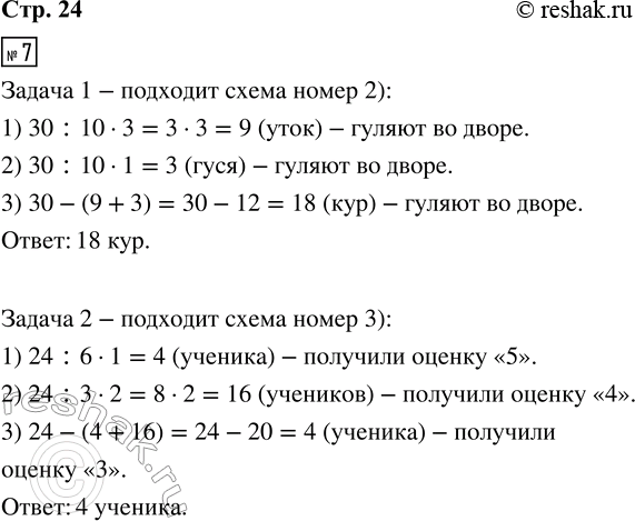 Решение задачи: 7. Выбери схему, которая подходит для данной задачи, и обведи её номер кружком. Реши задачу. 1) Во дворе гуляют утки, гуси и куры.