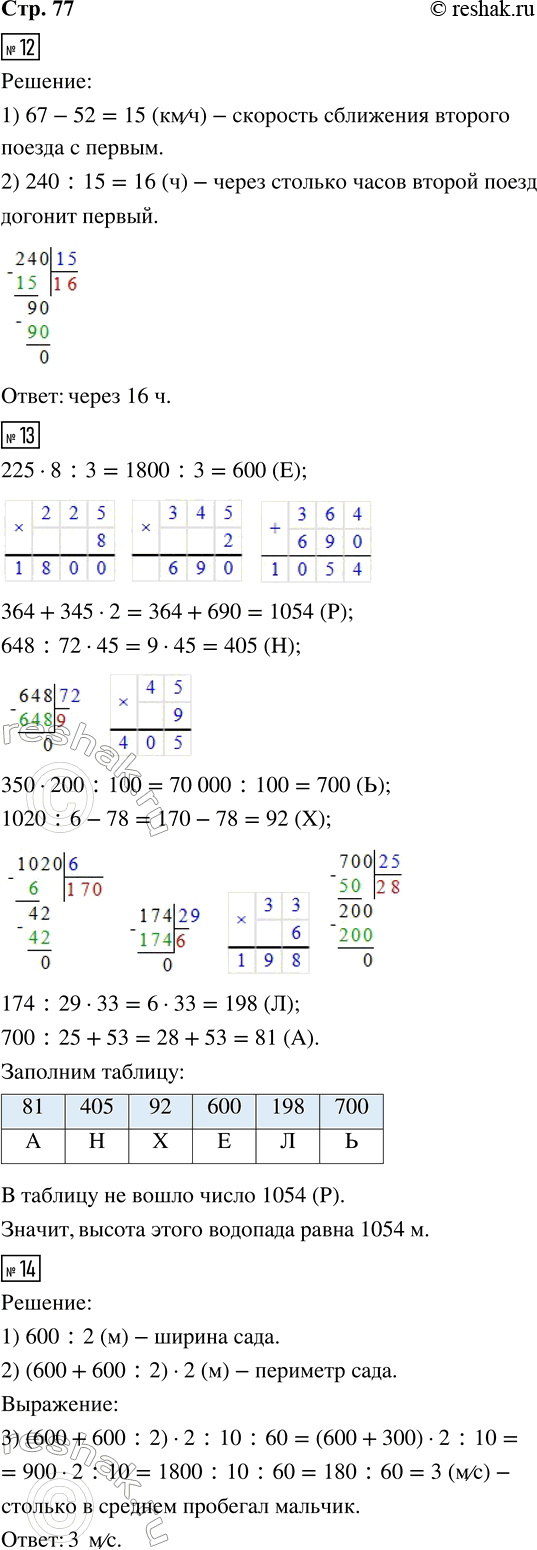 Решение задачи: 12. Из двух городов, расстояние между которыми 240 км, одновременно в одном направлении вышли два поезда. Скорость поезда, идущего впереди, 52 км/ч, а скорость поезда, идущего сзади, 67 км/ч.