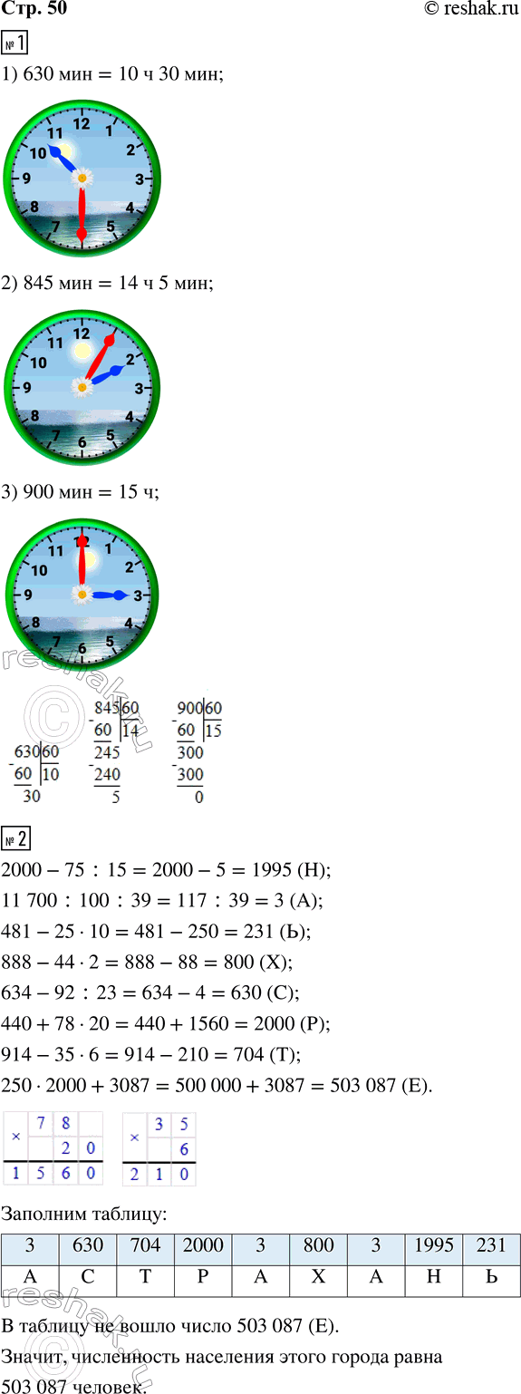 Решение задачи: 1. Вырази в часах и минутах время, записанное над каждым циферблатом. Выполни записи на соответствующих линейках. 1) 630 мин; 2) 845 мин;