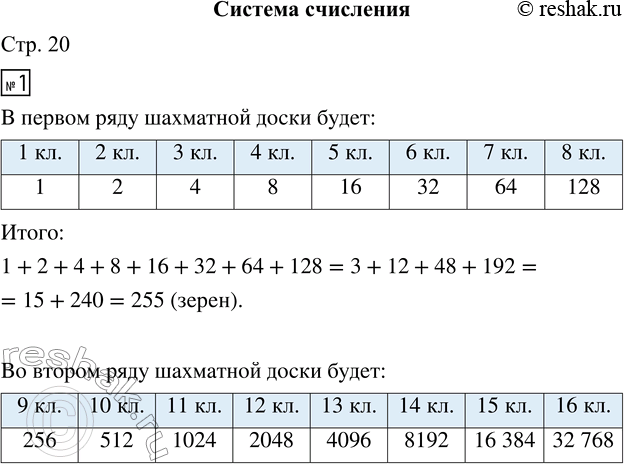 Решение задачи: 1. Сосчитай, сколько зёрен должно быть в первом ряду шахматной доски. • Если тебе нравится считать, сосчитай зёрна на каждой клетке второго ряда.