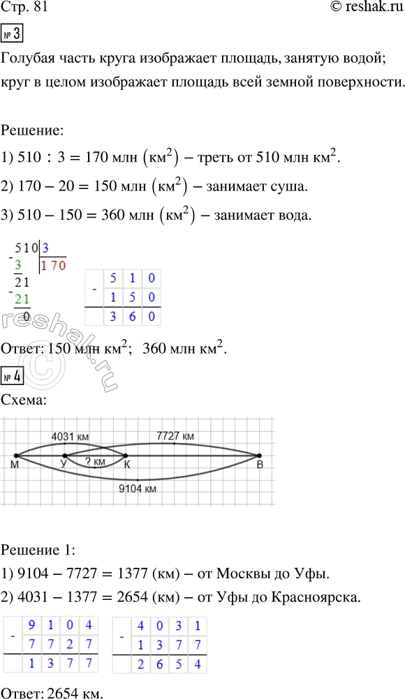 Решение задачи: 3. Площадь земной поверхности 510 млн км^2. Суша занимает примерно треть. Рассмотри схему. Что изображает голубая часть круга? Что изображает круг в целом?