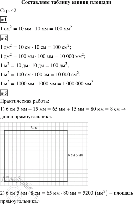 Решение задачи: 1. Вычисли, сколько квадратных миллиметров содержит 1 см^2. 2. Заполни пропуски. 1 дм^2 = ... см х ... см = ...