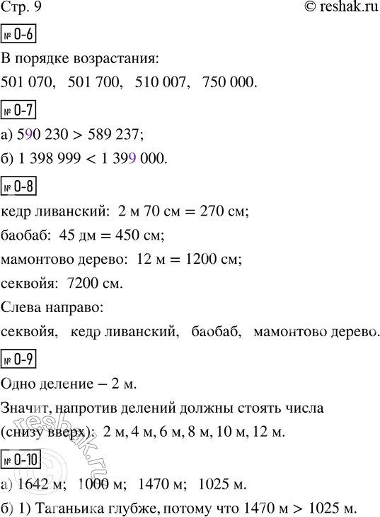 Решение задачи: О-6. Запиши числа в порядке возрастания (увеличения): 750 000, 501 700, 501 070, 510 007. О-7. Вставь цифры, чтобы неравенства стали верными, a) 5___0 230 >