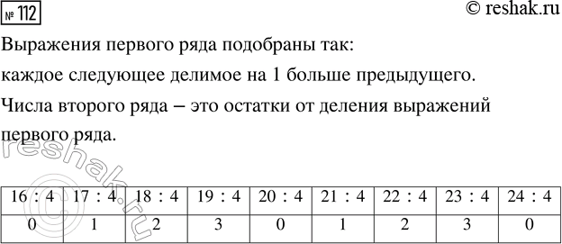 Решение задачи: 112. По какому правилу подобраны выражения первого ряда? 16 : 4, 17 : 4, 18 : 4, 19 : 4, 20 :