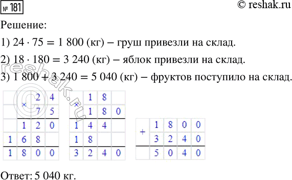 Решение задачи: 181. На склад привезли 75 ящиков груш и 180 ящиков яблок. Сколько килограммов фруктов поступило на склад, если масса груш в одном ящике 24 кг, а масса яблок — 18 кг?