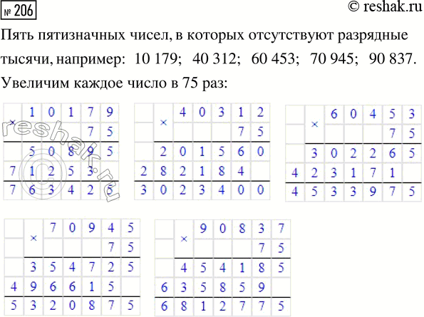 Решение задачи: 206. Запиши пять пятизначных чисел, в которых отсутствуют разрядные тысячи, и увеличь каждое число в 75 раз. *Цитирирование задания со ссылкой на учебник производится исключительно в учебных целях для лучшего понимания разбора решения задания.