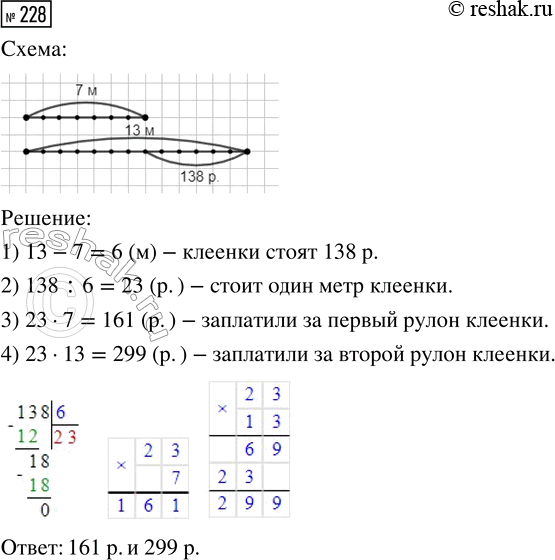 Решение задачи: 228. В одном рулоне 7 м клеёнки, в другом — 13 м такой же клеёнки. За второй рулон заплатили на 138 р.
