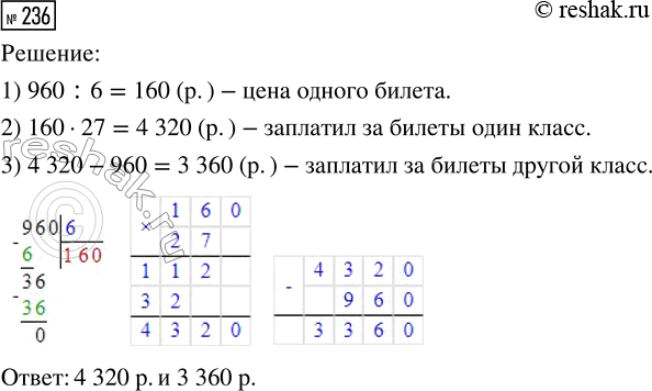 Решение задачи: 236. В одном классе 27 учеников, в другом — на 6 учеников меньше. За билеты в цирк первый класс заплатил на 960 р.